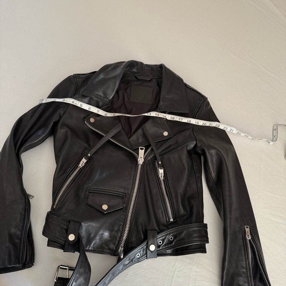 All Saints Black Leather Moto Jacket women’s size small - Picture 12 of 13